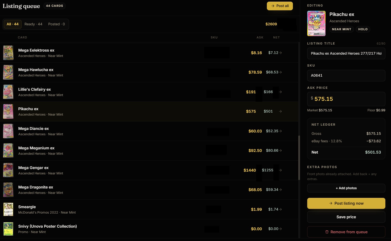 List Builder — listing queue with price editing panel